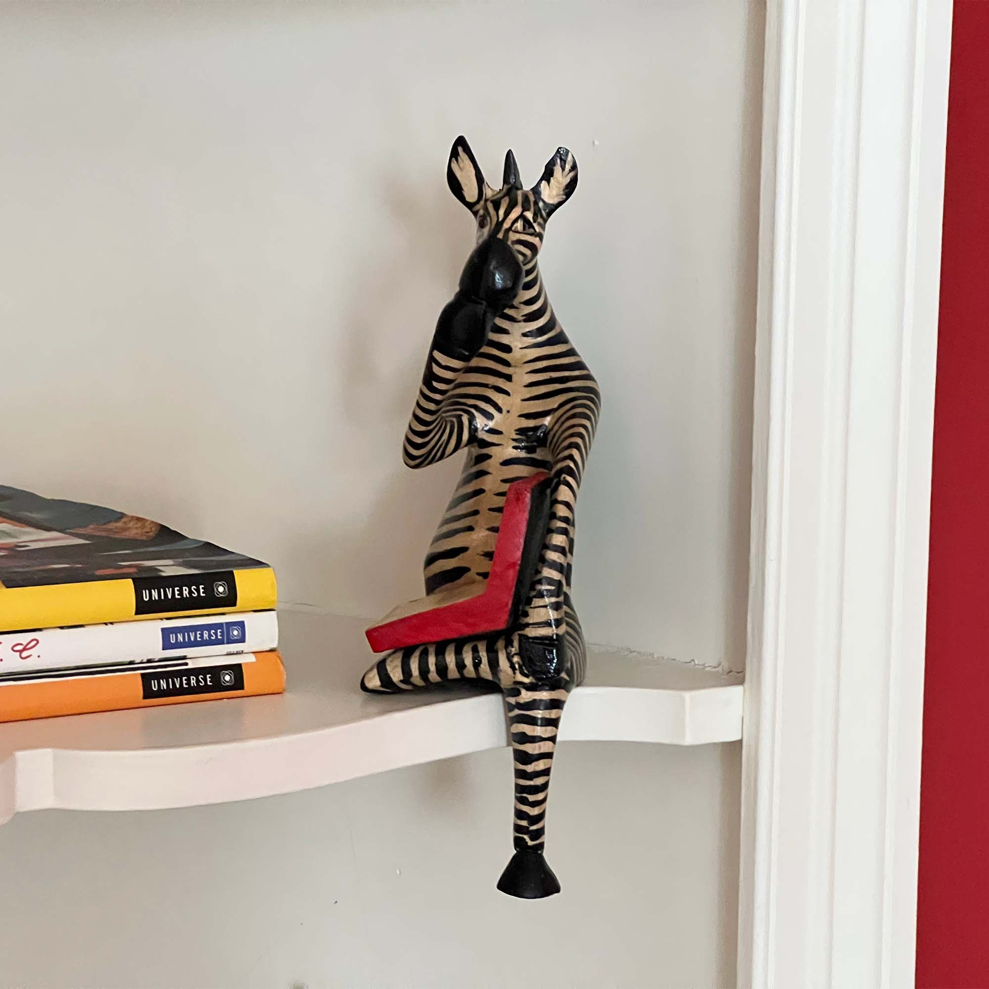 Global Crafts - Wholesale Sculpture - Thinking Zebra Carved Wood Sculpture Shelf Decor2