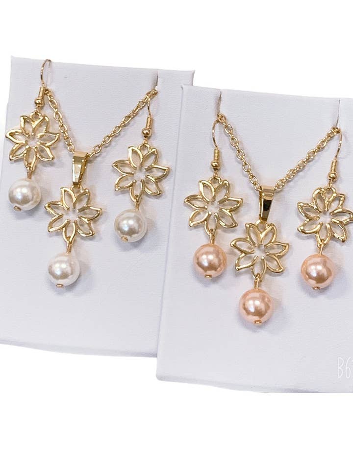 Tropical Tiare Flower Earrings: Hamilton Gold Earring with Shell Pearls for wholesale by Anela's Jewelry