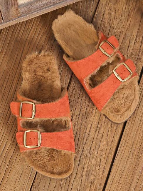 NHP International - Wholesale Sandaal - Dames - Damesschoenen - roestkleurige Findlay sandalen met imitatiebont