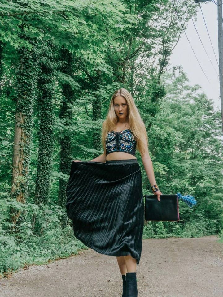 Moonless Night Pleated Velvet Skirt - Black for wholesale by America & Beyond