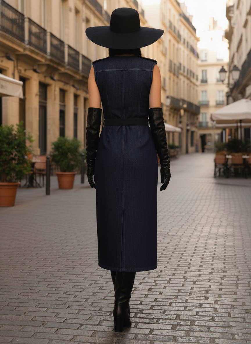 MOOYA - Vente Robe – femme - Robe longue denim avec ceinture dorée M2171