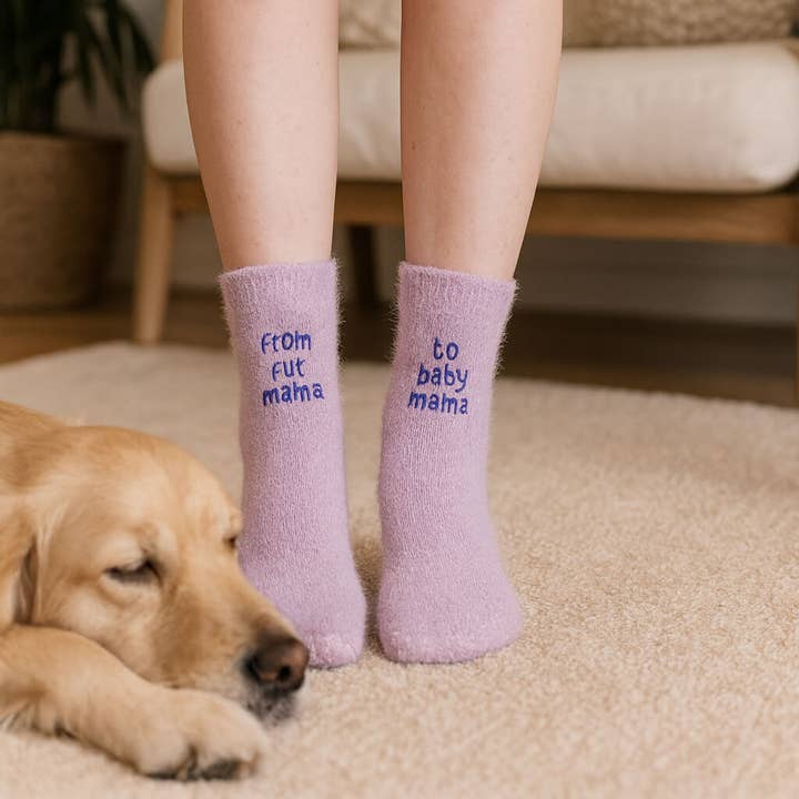 Sockmate / www.sockmate.store - Wholesale Socks – Women's - From Fur Mama To Baby Mama Embroidered Fuzzy Lilac Pregnancy Socks