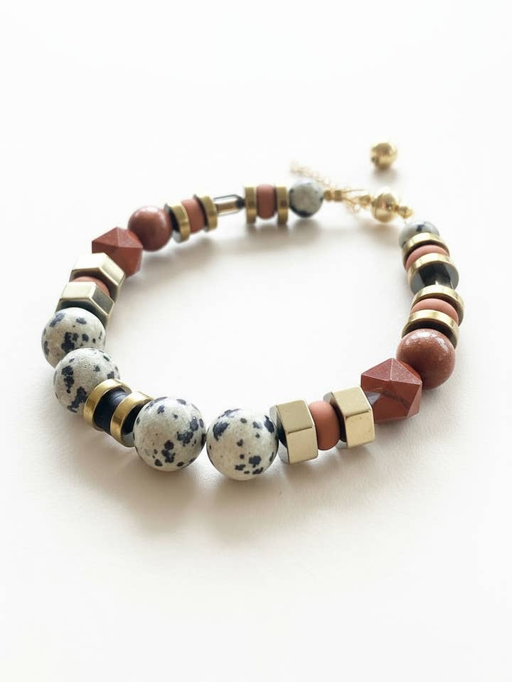 BDLB02 - Dalmatian Jasper & Sandstone barrel bracelet for wholesale by Gist Jewellery