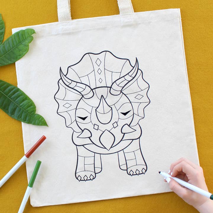 Dinosaur Organic Tote Bag - Coloring Kit with Markers for wholesale by Leela and JoJo