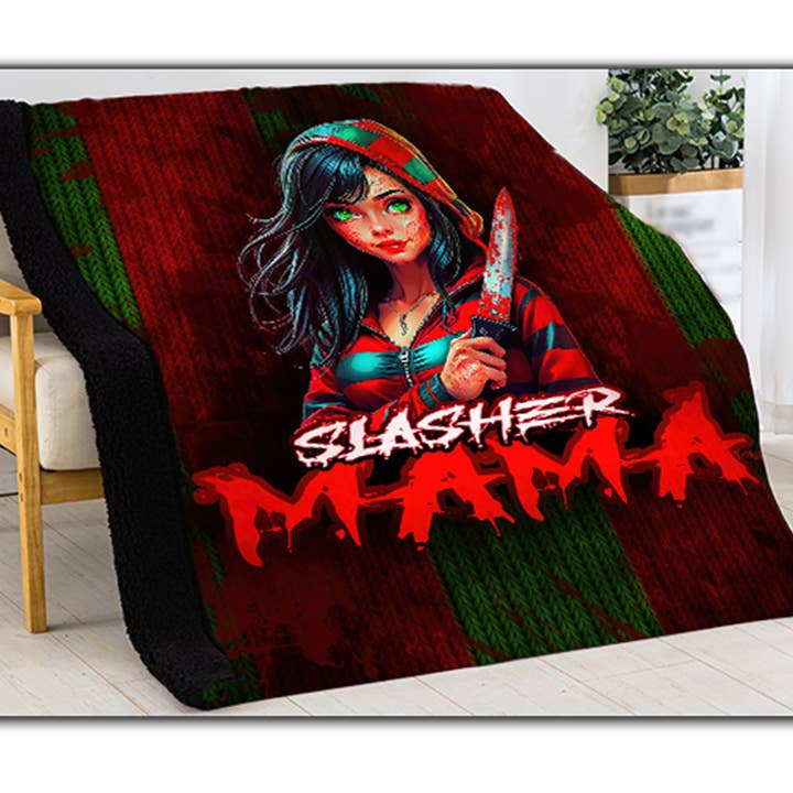 Slasher Mama -MamaSlasher-Horror Sherpa Lined Throw/Blanket for wholesale by SquatchSwag