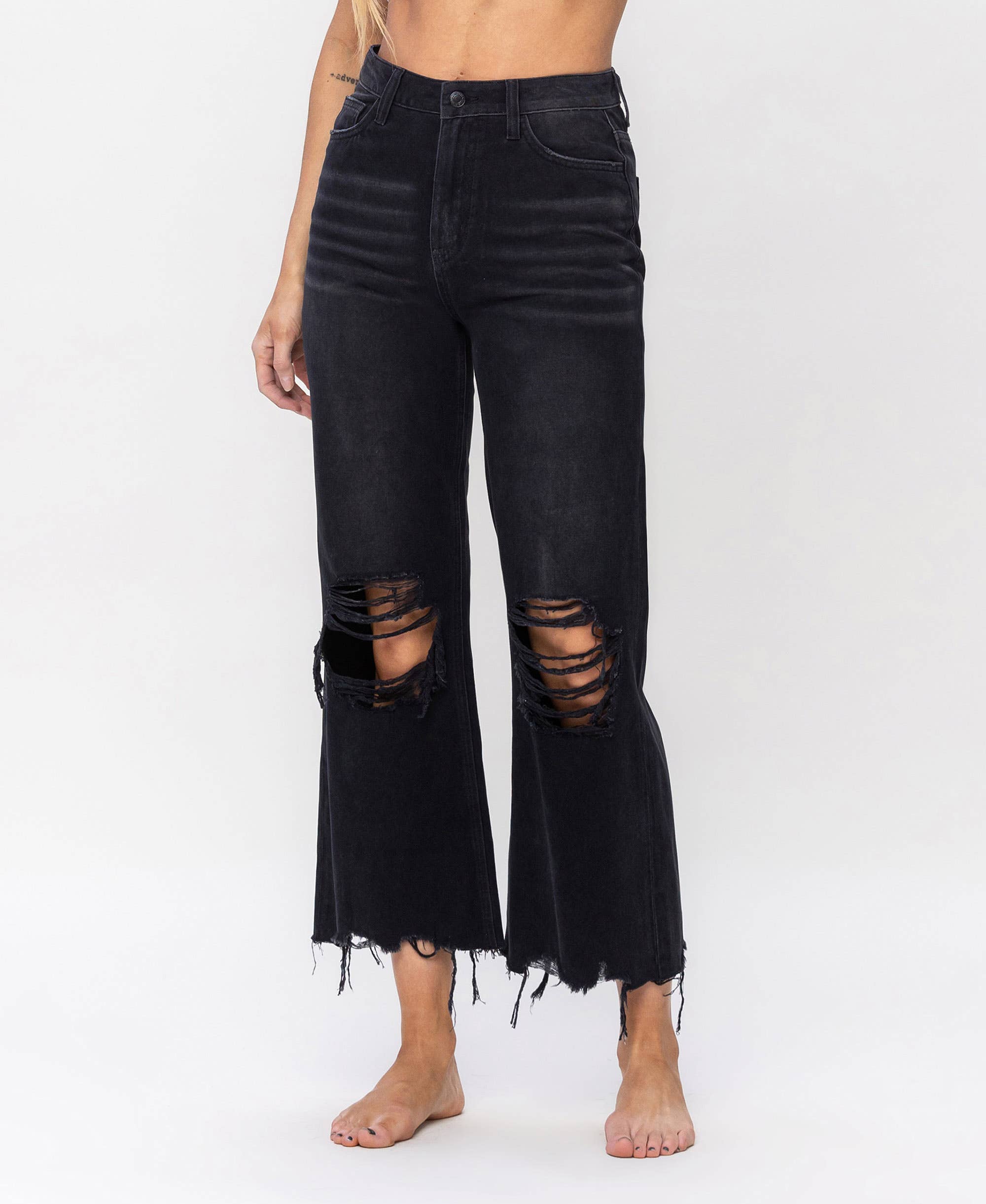 BLACK 90'S VINTAGE SUPER HIGH RISE CROP FLARE JEANS V2736BK for wholesale on Faire6