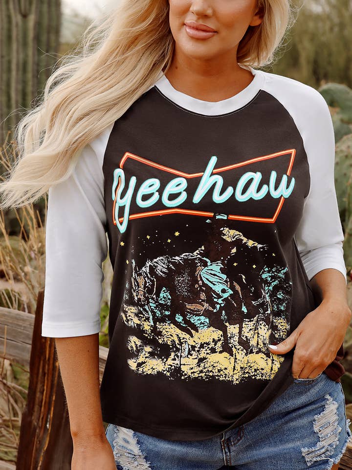Marrón Top vintage de manga larga raglán gráfico Yeehaw occidental marrón de venta al por mayor en Faire0