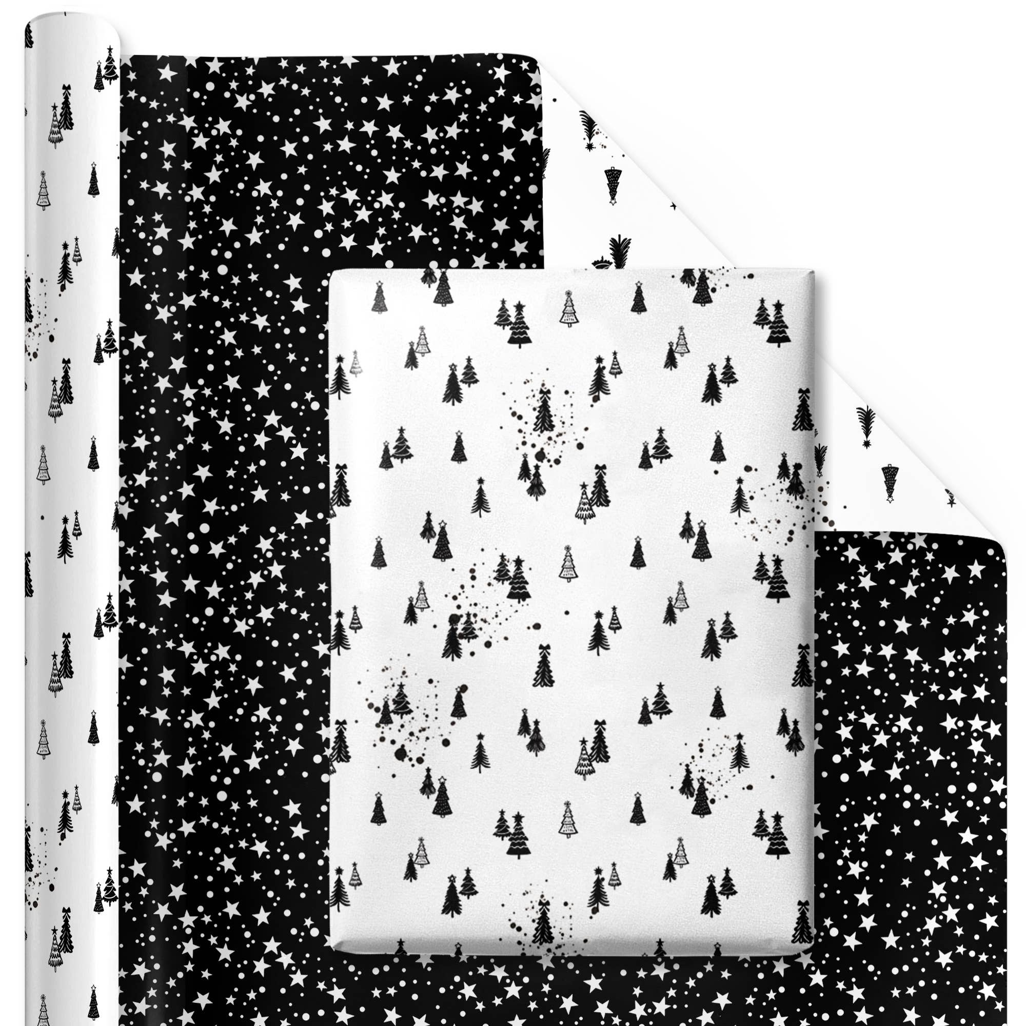 LA Ribbons Wholesale – rolo de papel de embrulho por atacado – Papel de presente reversível para férias 76 cm x 3 m | Árvores de inverno em preto e branco / Estrelas brancas em fundo preto3