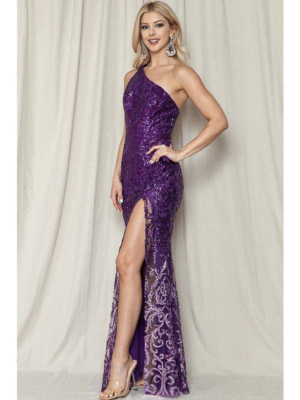 Maniju - Wholesale Gown - Women's - One Shoulder Sequin Ombre Slit Maxi Dress