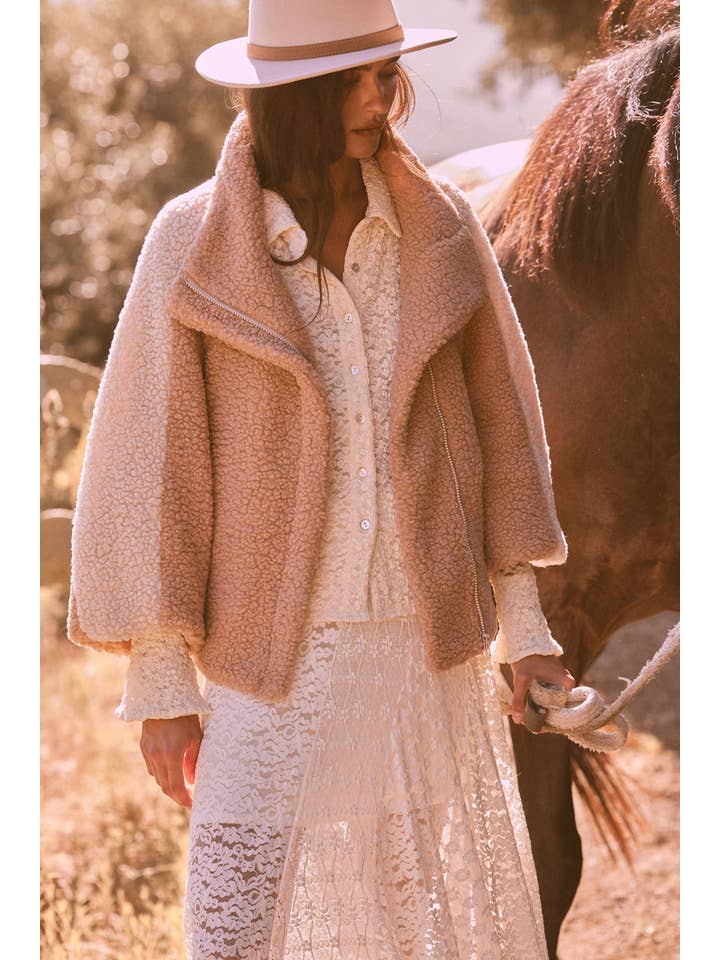 Coconut Milk Camel Colorblock Sherpa Fleece Zip-Up Jacket for wholesale on Faire1