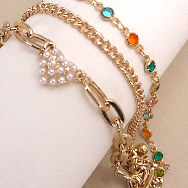 Gold PEARL HEART MULTI STONE MULTI LAYER BRACELET | 80B234 for wholesale on Faire