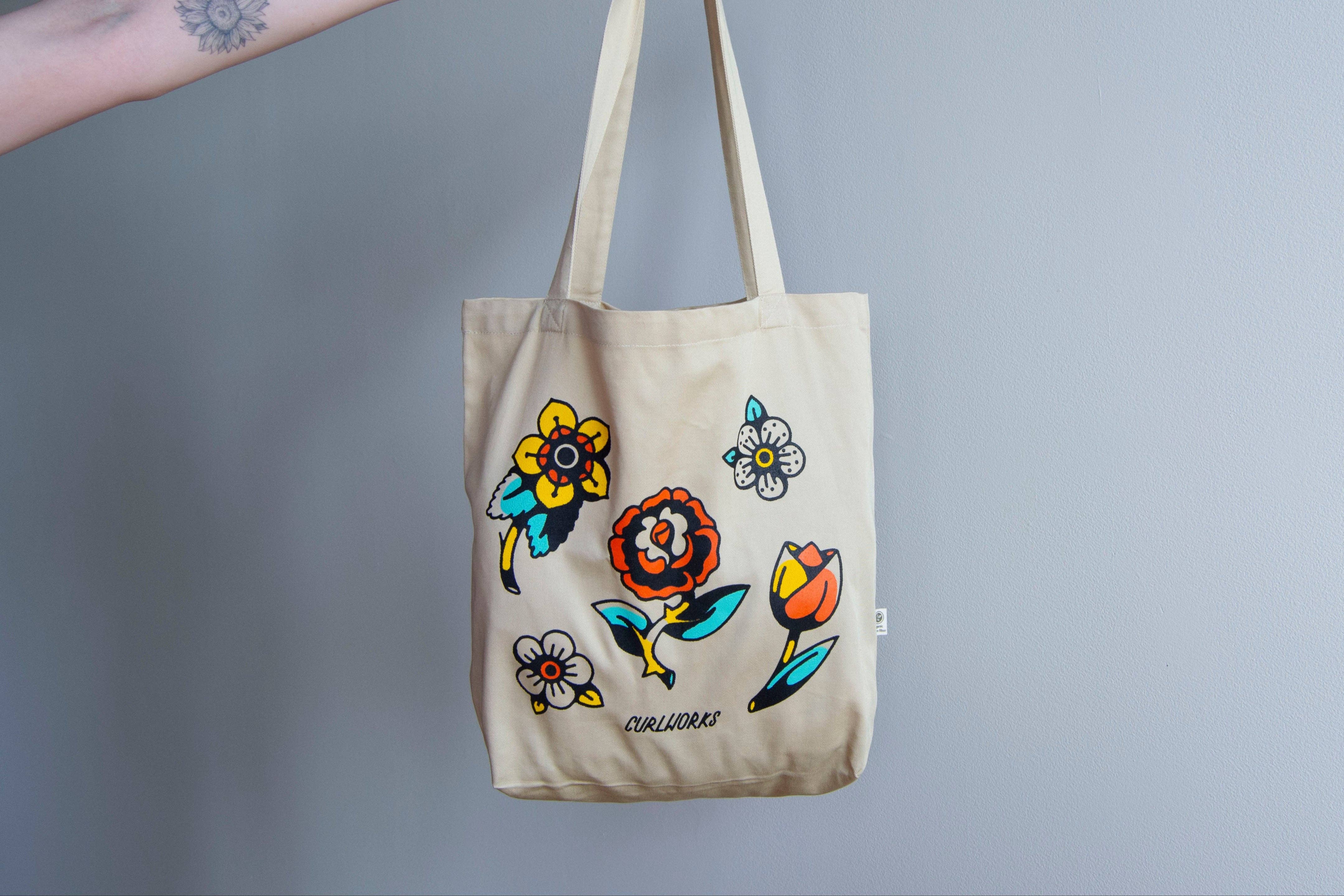 Curlworks - Wholesale Tote Bag - Unisex - American Traditional Flowers Organic Cotton Tote Bag