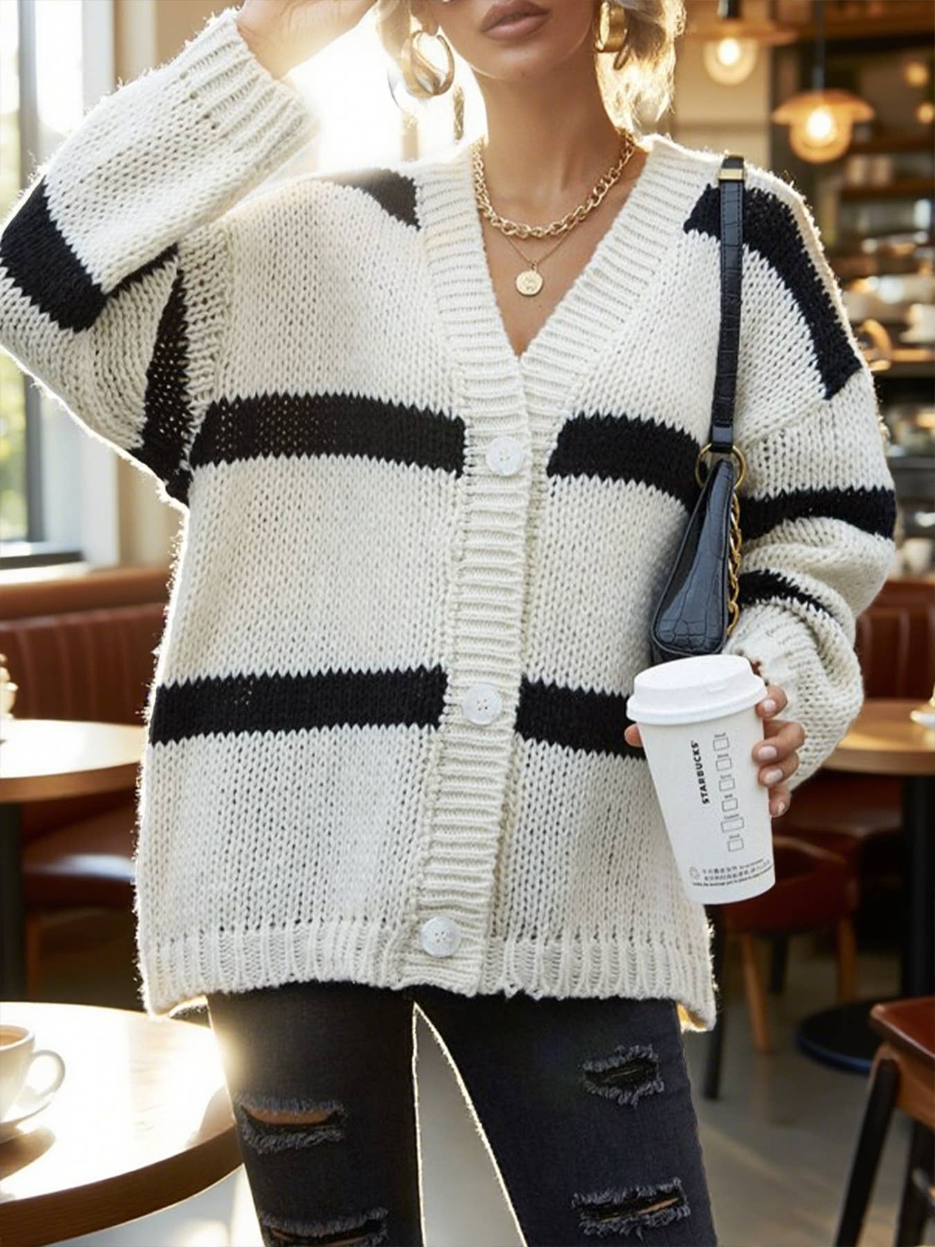 WHITE Striped V-neck sleeved chunky knitted cardigan for wholesale on Faire3
