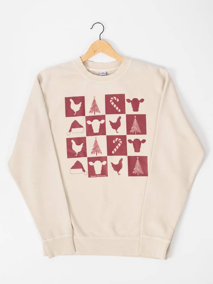 American Farm Company - Wholesale Graphic Sweatshirt - Women's - Christmas Farm Checkers Ivory Graphic Crewneck1