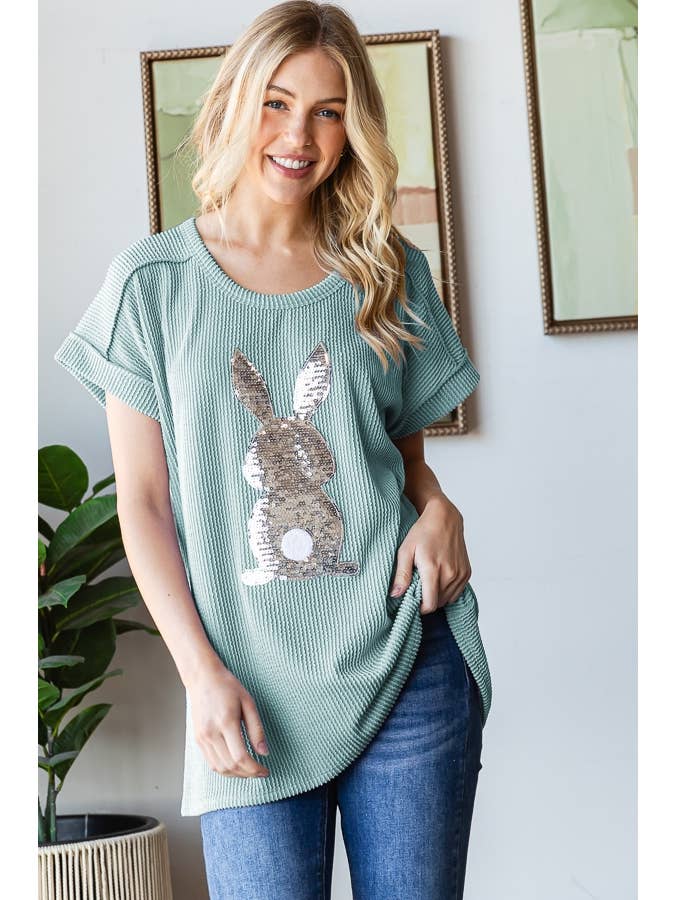 HEIMISH – wholesale Blouse – Women’s – ET7822-10 SHORT SLEEVE SOLID URBAN RIBB TOP WITH RABBIT10