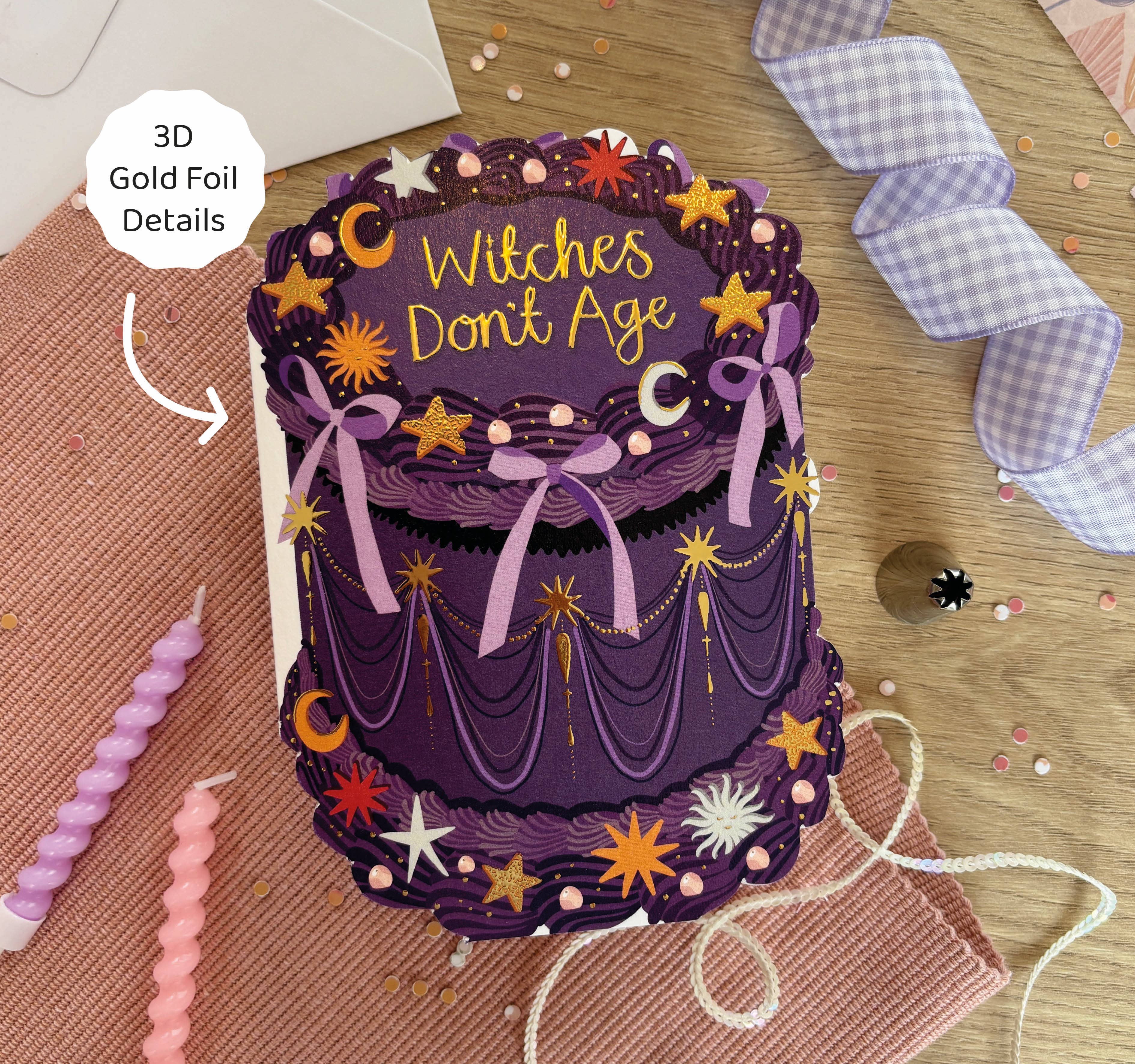 Two For Joy Illustration – wholesale Birthday card – Witches Don't Age - Birthday Cake Shaped Greeting Card1