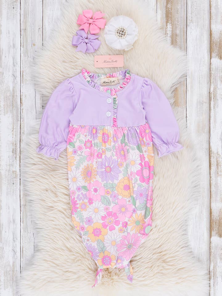 Marie Nicole Clothing - Wholesale Babygown - Baby - Lilac Funky Florals Knot Gown