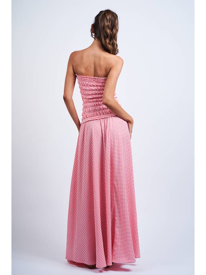 Sky to Moon - Wholesale Dress - Women's - PALE CHECKER SMOCKED BODY RUFFLE TUBE MAXI DRESS