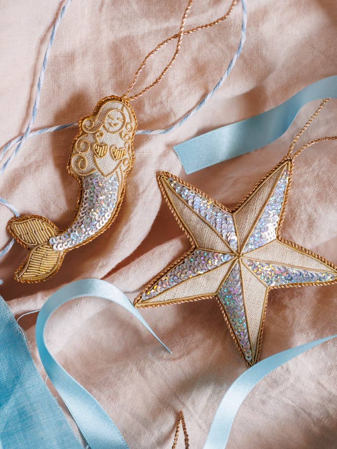 Handmade Mermaid Christmas Holiday Decoration in Irish Linen for wholesale by Katie Larmour Linen