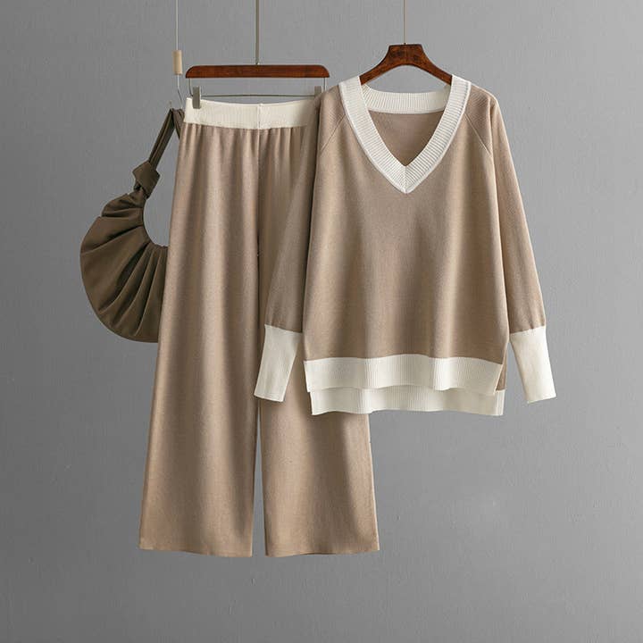Marayn - Wholesale Top & Pant Set (NOT Loungewear) - Women's - EuroChic Knit Set VNeck Wide Leg Trend