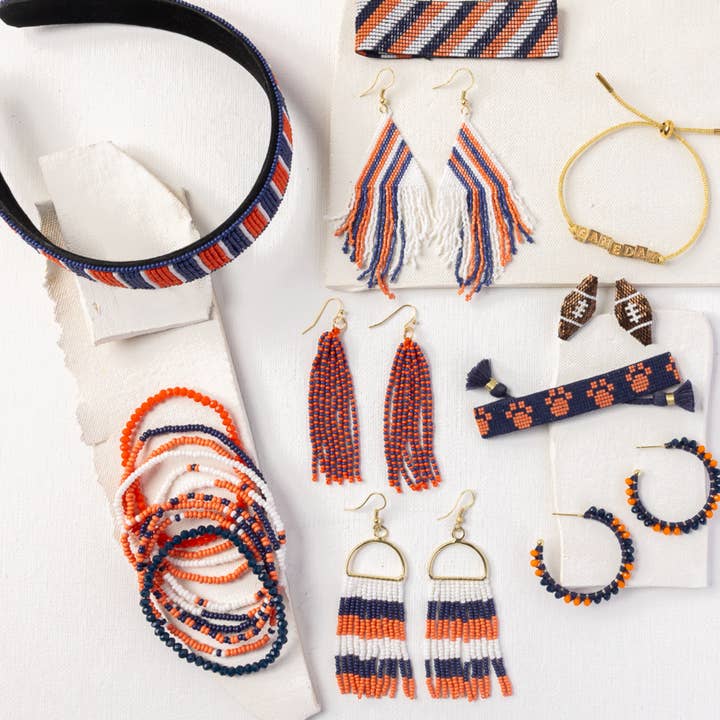 INK + ALLOY - Wholesale Beaded Bracelet - Game Day Color Block Beaded 10 Strand Stretch Bracelets Navy and Orange Wholesale2