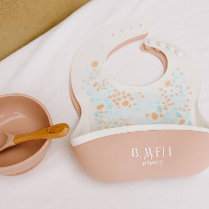 Fall Flowers 4 Pcs Set | Two Silicone Bibs, Bowl, & Spoon for wholesale by B. Well Babies