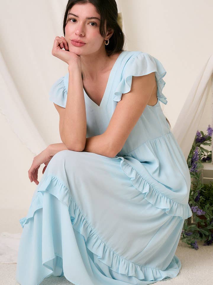 mittoshop - Wholesale Dress - Women's - H43020 - V NECK RUFFLE TIER DETAIL MIDI DRESS