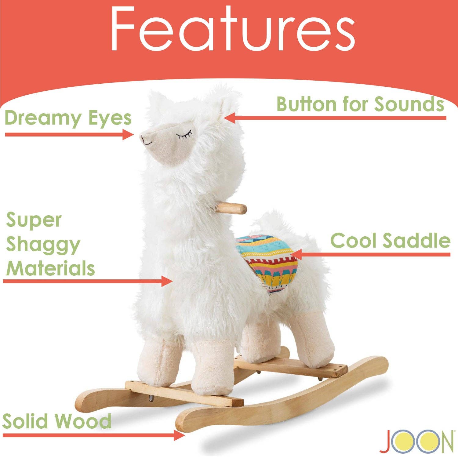 ShopBobbys - Wholesale Rocking Horse - Kids - JOON Lola Shaggy Hair Ride-On Llama Rocking Horse With Sound Effects, White5