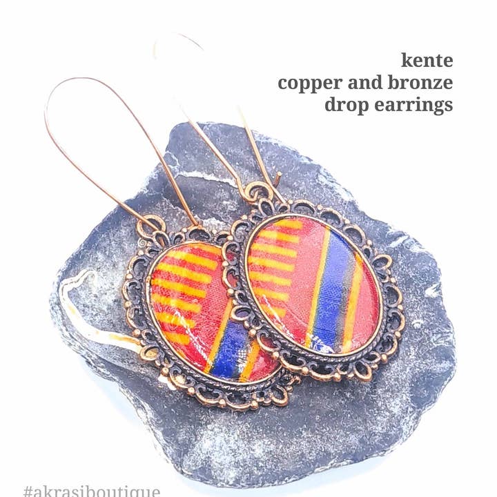 Oval kente copper and bronze drop earrings sealed for wholesale by Akrasiboutique