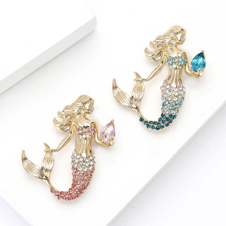 Broches de Sereia Dourados com Pedras Coloridas por atacado de Tourtiwi