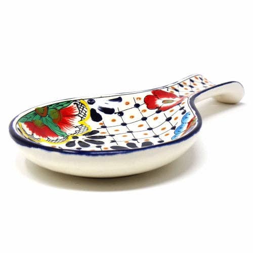 Global Crafts - Wholesale Spoon Rest - Encantada Handmade Pottery Spoon Rest, Dots & Flowers1