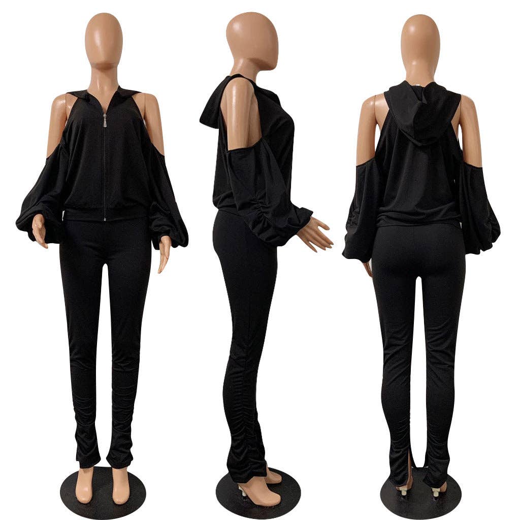 MB Fashion Wholesale - Wholesale Top & Pant Set (NOT Loungewear) - Women's - MB FASHION BACKLESS HOODIE RUFFLE SPLIT PANTS SET 81369