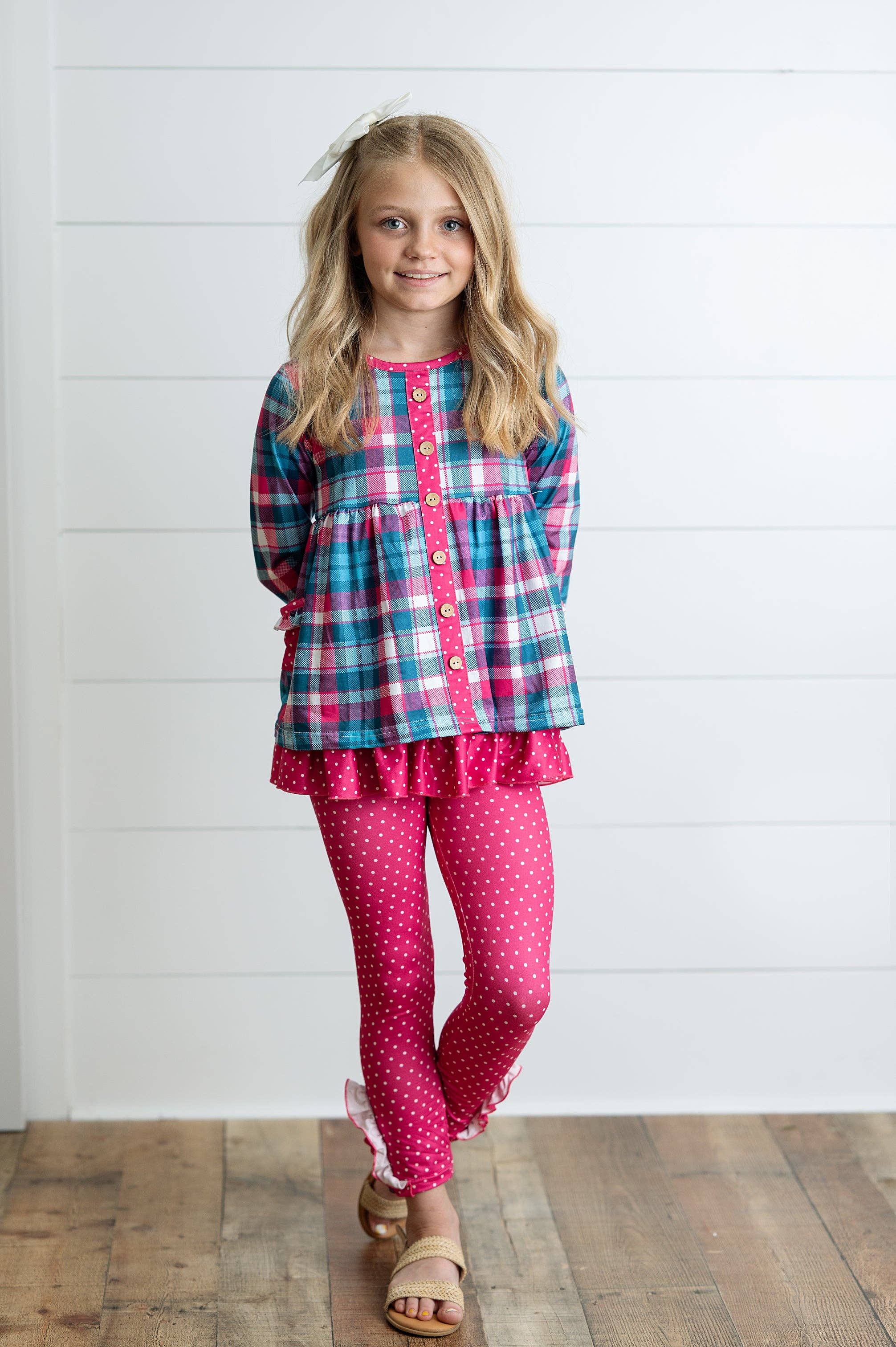 Adorable Sweetness - Wholesale Top & Pant Set - Kids - Girls Hot Pink & Teal Plaid Ruffle Pocket Button Legging Set0