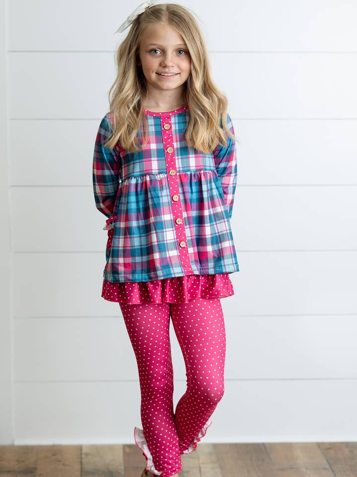 Girls Hot Pink & Teal Plaid Ruffle Pocket Button Legging Set for wholesale by Adorable Sweetness