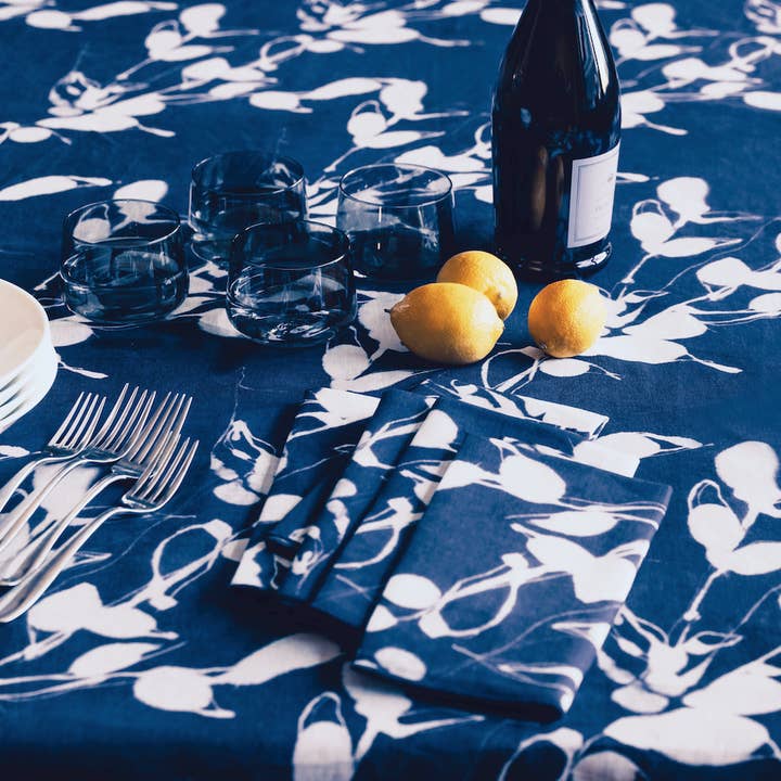 Porto Print in Indigo Tablecloth for wholesale by Goldie Home