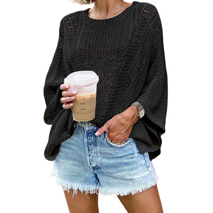 Sweetkama - Wholesale Knit Top - Women's - Ladies Bat Sleeves Hollow Out Knit Blouse 220650