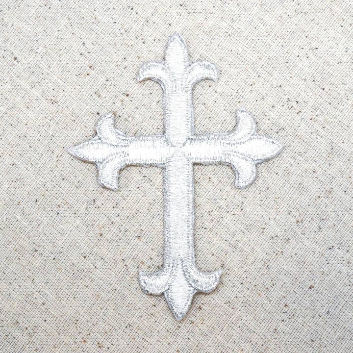 Fleur De Lis - Religious Cross - Silver - 4" - Embroidered Patch - Iron on Applique - WA023 for wholesale by Wholesale Applique