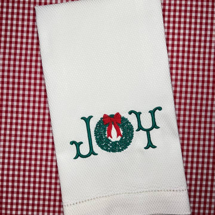 JOY Wreath Huck Towel for wholesale by Oh Happy Day Shoppe