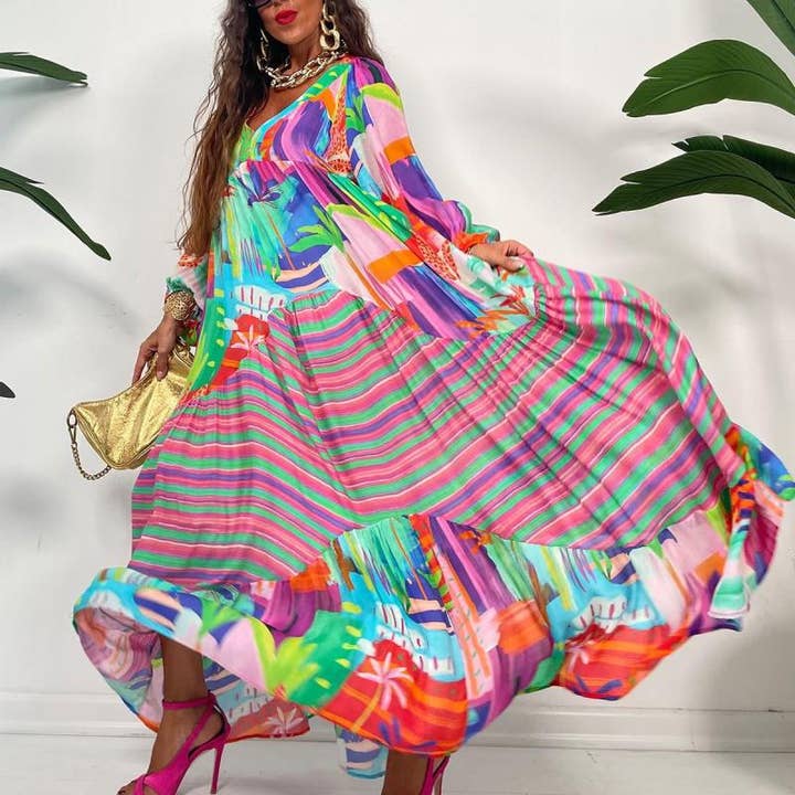 Multicolor Oversized V-Neck Color Blocking Graphic Printed Vintage Boho Maxi Dress for wholesale on Faire1
