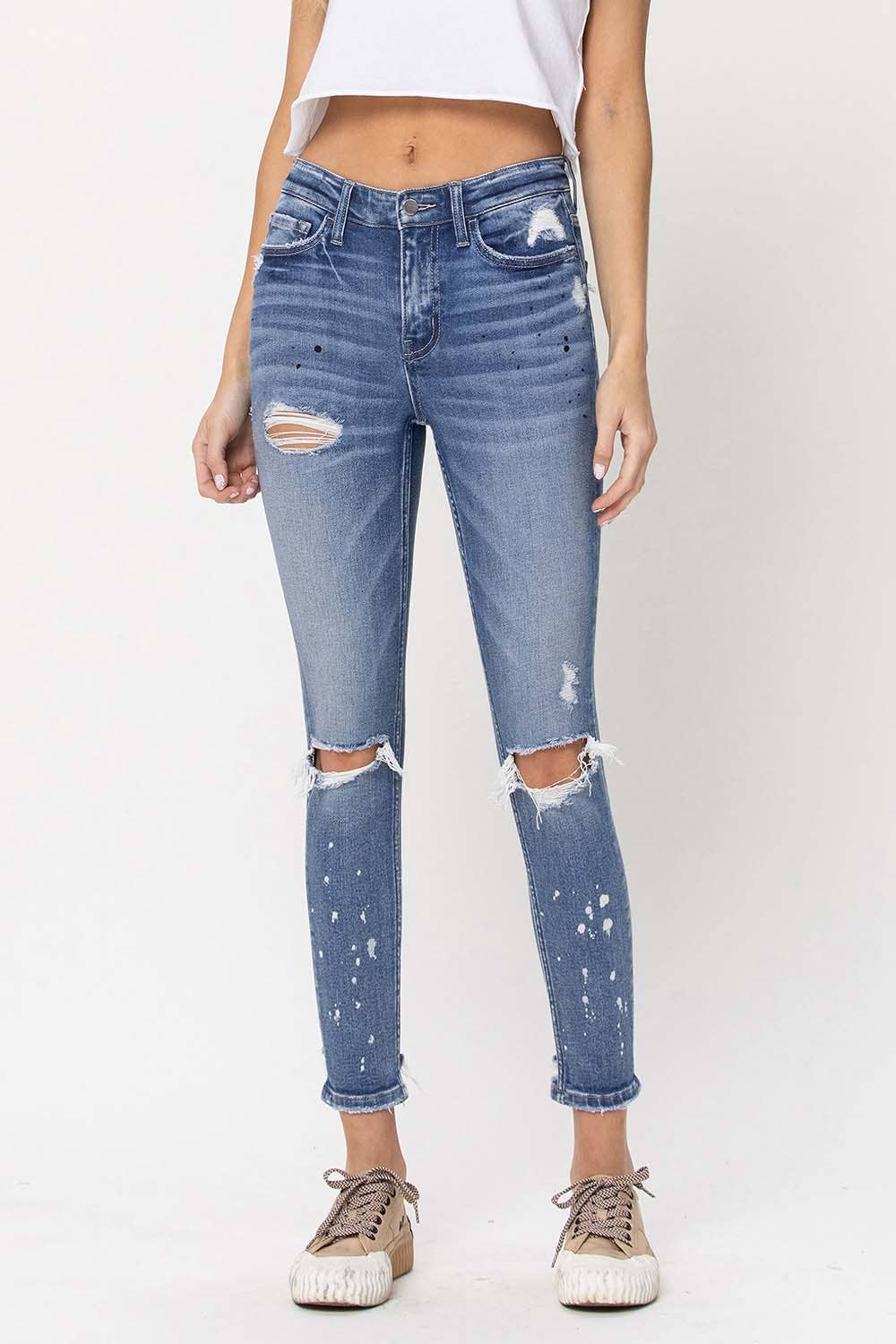 SEA SALT MID RISE DISTRESSED PAINT SPLATTER SKINNY JEANS F4159 for wholesale on Faire0