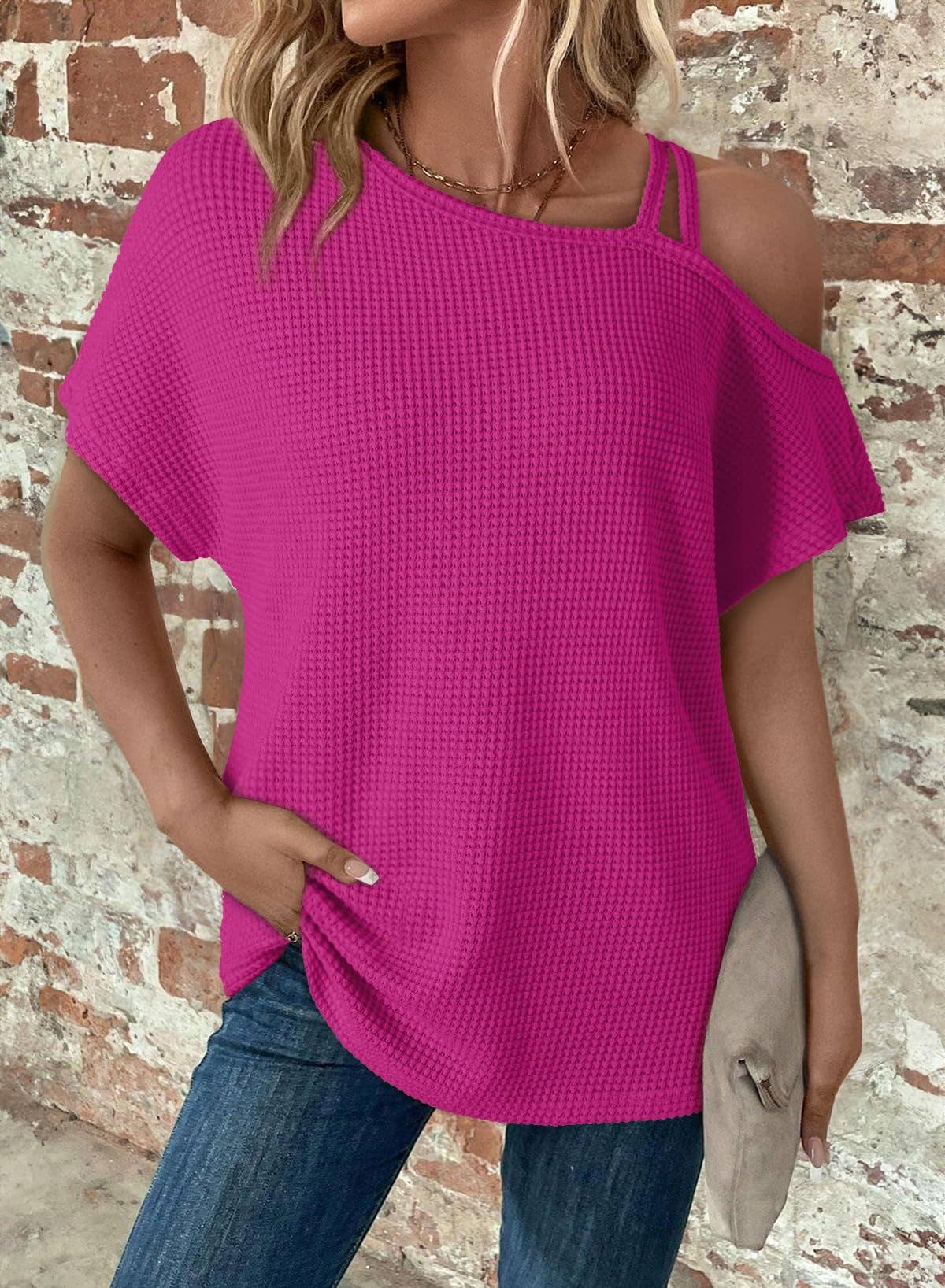 Lily Clothing - Wholesale Shirt - Women's - Short sleeved off-the-shoulder knit T-shirt0