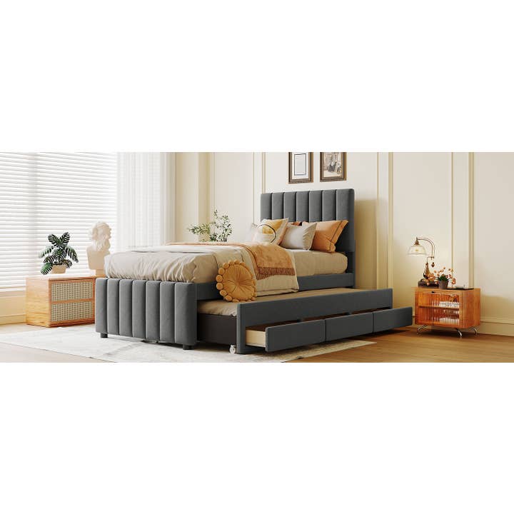 Gray Upholstered Twin Platform Bed with Trundle & 3 Drawers for wholesale on Faire14