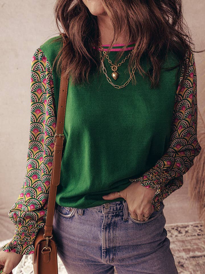 Floral Patchwork Puff Sleeve Sweater for wholesale by LALA LOO