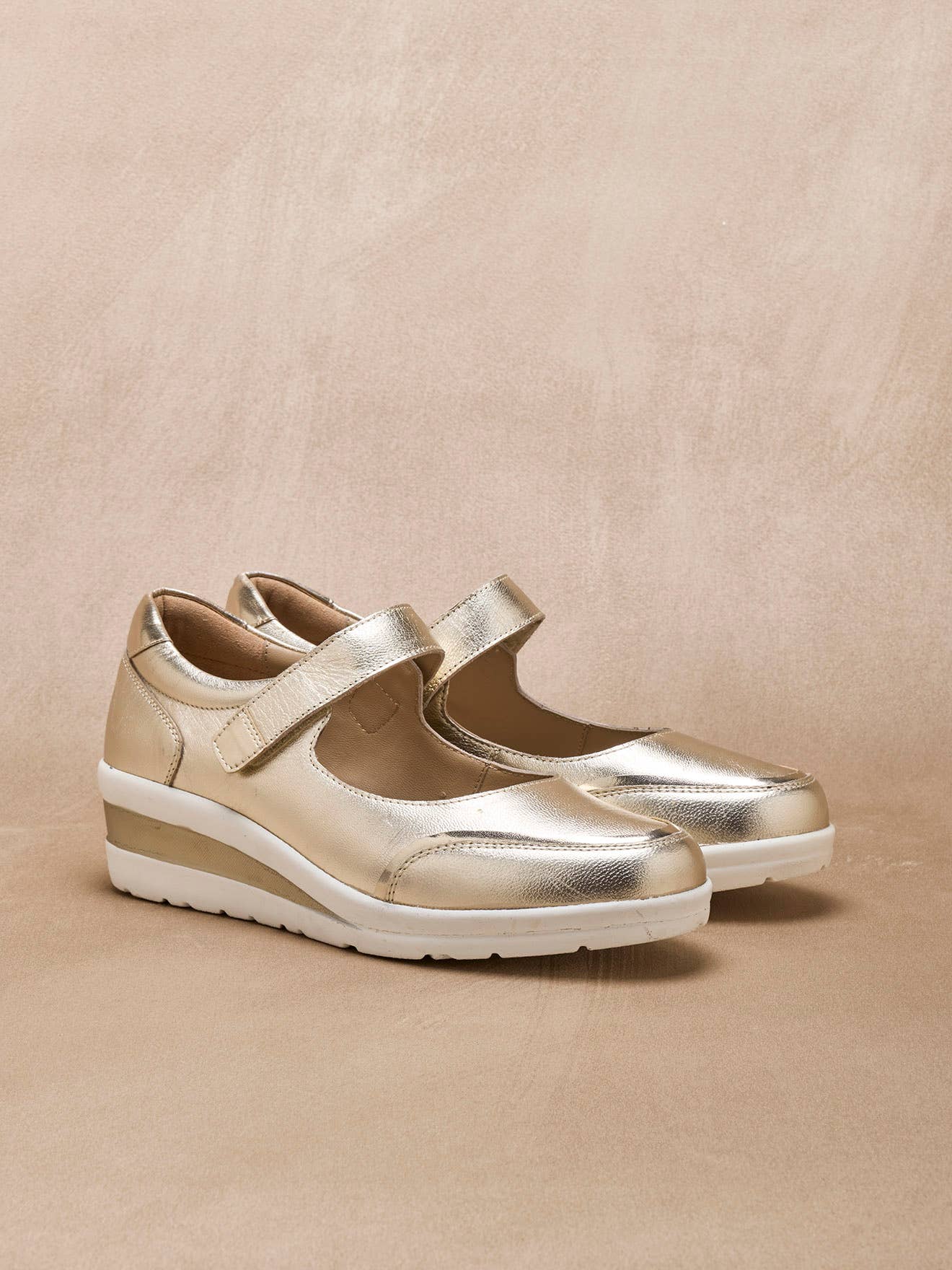 Gold Leather babies with hook-and-loop fastener and wedge sole (2012045_0038) for wholesale on Faire1