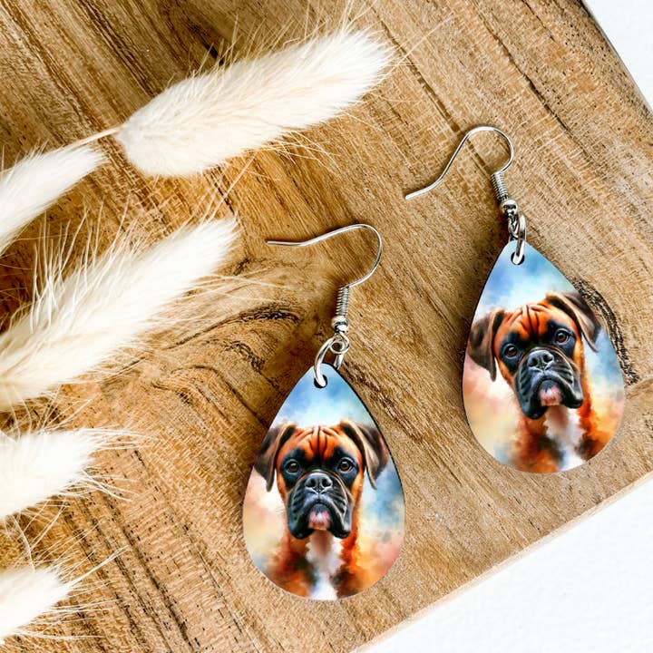 BOXER dog print dangle teardrop earrings for wholesale by Eartherella Soap & Candle Co., LLC