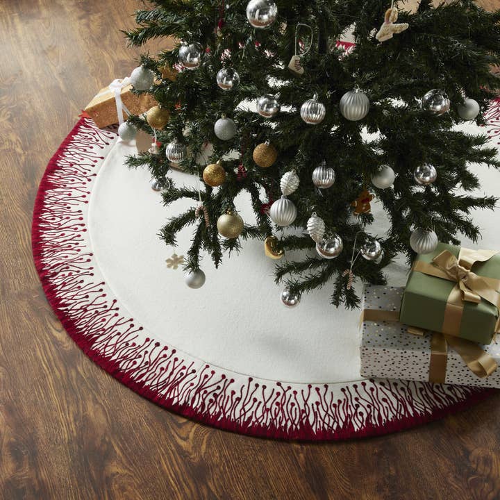 Arcadia Home - Vente Jupes de sapin de Noël - Jupe de sapin de Noël en laine crème avec bordure rouge1