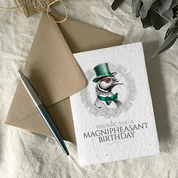 Have a 'Magnipheasant' birthday, plantable greetings card for wholesale by Wild Bloom Press