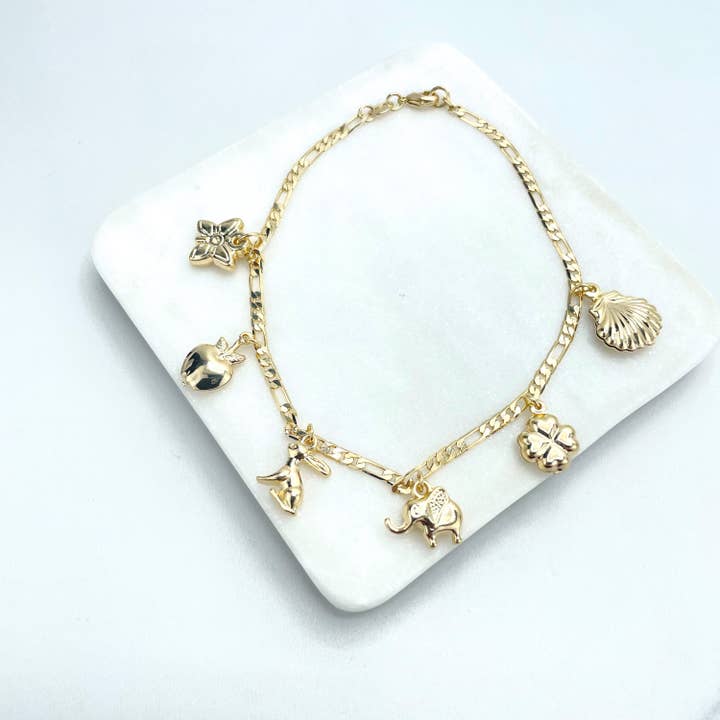 DIJU Jewelry - Wholesale Anklet - 18k Gold Filled 3mm Figaro Chain Anklet with Dangle Charms, Butterfly, Bunny, Apple, Elephant, Clover & Shell, Wholesale Jewelry Supplies2