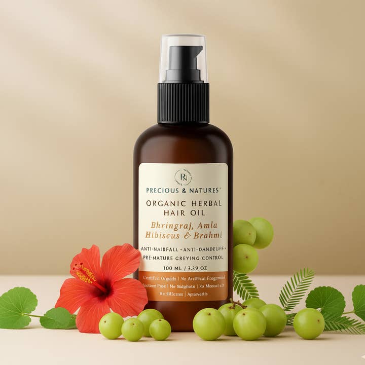 Organic Hair oil with Hibiscus, Amla, Brahmi & Bhringaraj for wholesale by Precious & Nature's