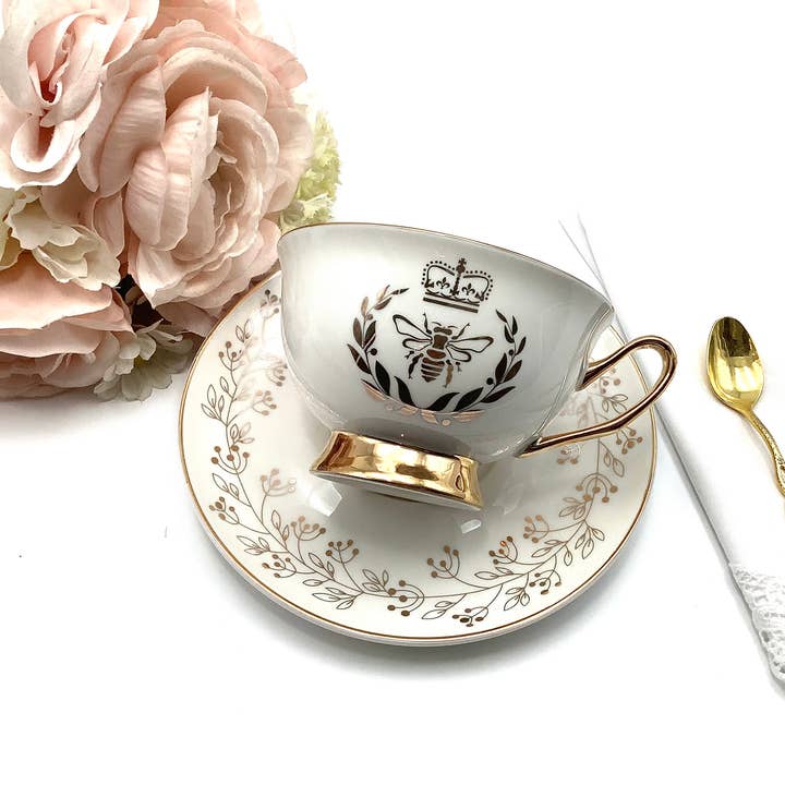 All Little Cute Things - Wholesale Tea Set - Regency Gold Bee Ivory Pearl with Gold Teacup and Saucer3